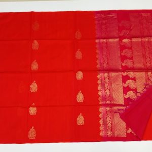 Candy Red Color Kanchi Kora Cotton Handloom Saree Parrot Design