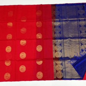 Kanchipuram Kora Cotton Handloom Saree Peacock Design Red Color