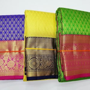 Kanchipuram Pure Silk Saree Bridal Collection Full Koravai Small Border and Big Border WEDDING Sarees (Parrot Green / Lemon Yellow / Blue)