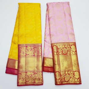 Trendy Kanjivaram Pure Silk Saree Bridal Collection Full Koravai Small Border and Big Border WEDDING Sarees (Yellow / Lotus Rose)