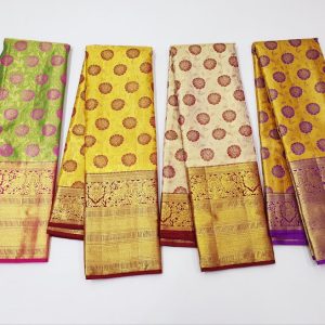Flower Design Kanchipuram pure silk saree full tissue silk saree bridal collection koravai design (Green / Yellow / Pineapple Yellow / Off White)