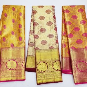 New Trendy Design Kanchi pure silk saree full tissue silk saree bridal collection koravai design (Butter Yellow / Yellow / Off White)