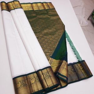 Trendy Peacock Design Kanchi 100% pure silk saree samunthirika pattu designer saree low budget (White / Green / Parrot Green / Rose)