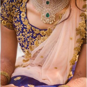 Designer Blouse with Flower Design – Blue Color