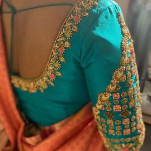 Golden Stone and Embroidery Bridal Blouses Green Color