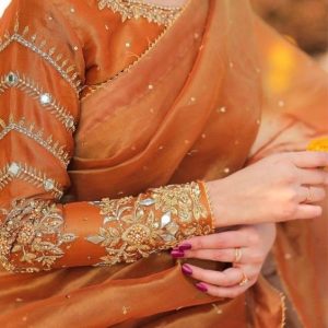 Beautiful Sequence Work Golden Stone and Embroidery Party Blouses Golden Orange Color