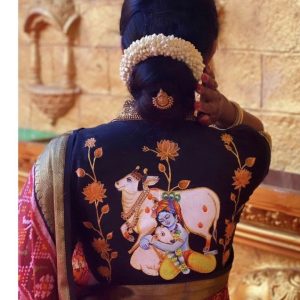 Latest Lord Krishna and Cow Hand Thread Work Designer Blouse Dark Blue Color