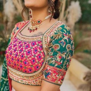 New Trendy Bridal Blouse Embroidered Work Design Pink and Green Color