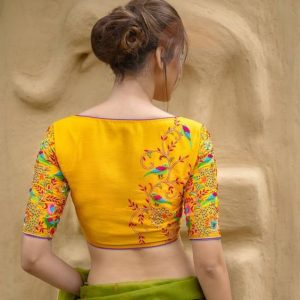 Different Birds Embroidery Designer Blouses Yellow Color