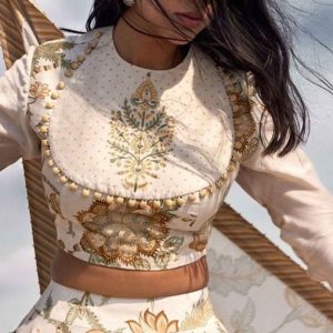 New Close Neck Party Blouse Embroidery Design Cream White Color