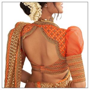New Back Neck Design Bridal Blouse with Stone and Embroidered Work Orange Color
