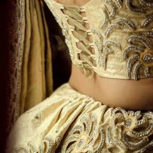 Shoe Lace and U Neck Designs White Stone Work Cream Color