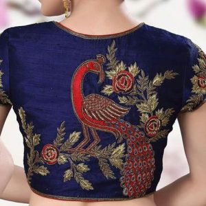 Latest Designer Blouse Peacock Thread Work Design Ink Blue Color