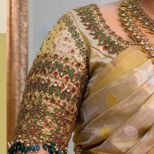 Latest Peal and Stone & Thread Work Party Designs Blouse Cream Color