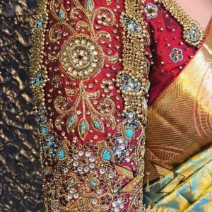 Luxurious Wedding Gold Stone & Pearl and Thread Work Bridal Blouses Apple Red Color