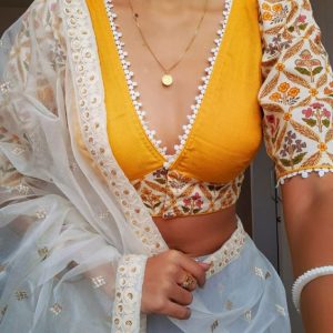 New Simple V Neck and Thread Work Party Blouses Yellow and White Color