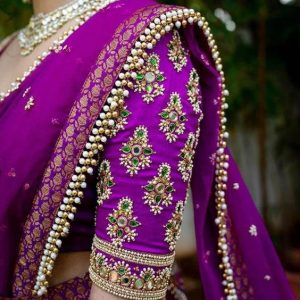 Maggam Blouse With Peal Mirror and Stone Work Bridal Blouse Purple Color