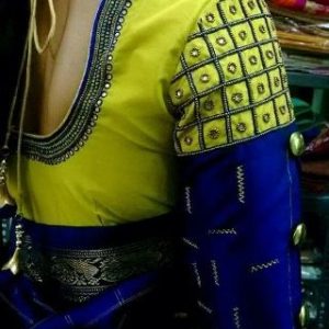 Mirror and Hand Thread Work Bridal Blouse Lime Green and Blue Color