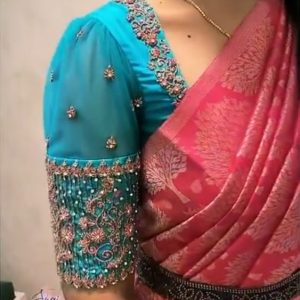 Puff Sleeve and Thread Work Design Part Blouse Sky Blue Color