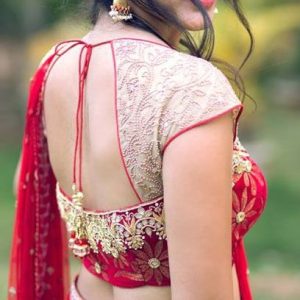 Short Sleeve Royal Grand Bridal Blouse Patch and Thread Work Design Rose Color