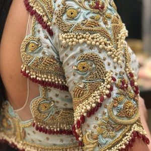 Luxurious Wedding Thread and Gold Stone & Pearls Work Bridal Blouses Cream White Color