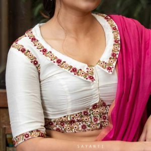 Simple Thread and Collar Neck Party Blouse White Color