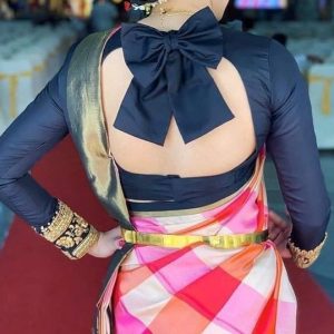 Full Sleeve and Bow Back Neck Party Blouse Dark Blue Color