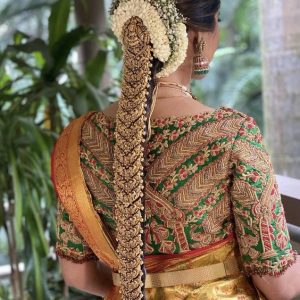 Royal Thread and Patch Work Bridal Blouses Skin and Green Color