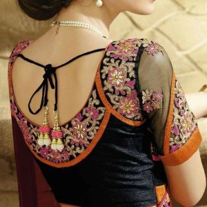 Sleeve Netted and Thread Work Party Blouse Black Color