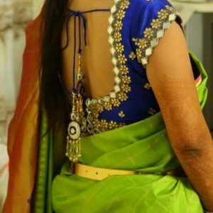 Luxurious Wedding Hand Mirror and Thread Work Bridal Blouses Ink Blue Color