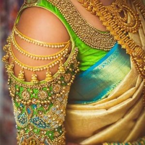 Royal Embroidered and Jewellery Work Bridal Blouses Parrot Green Color