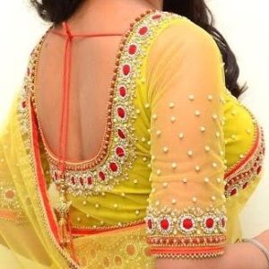 New Hand Pearls and Thread Work Party Blouse Yellow Color
