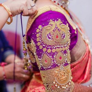 Modern Embroidery and Pearls & Stone Work Bridal Blouses Purple Color