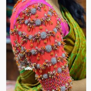 New Arrivals Stone and Hand Thread Work Designer Blouse Orange and Pink Color