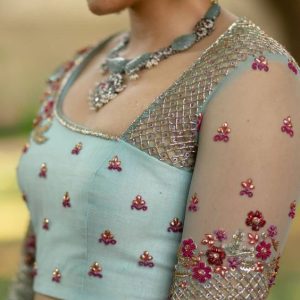 Modern Netted Embroidery Work Bridal Blouses Sky Blue Color