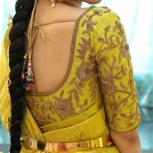 Stylish Sleeve and Back Neck Thread Work Bridal Blouses Pineapple Yellow Color