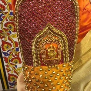 Grand Stone and Lakshmi Pendant Aari Work Bridal Blouse Fanta Orange Color