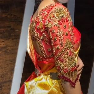 Trendy Gold Stone and Hand Thread Work Design Bridal Blouses Orange Color