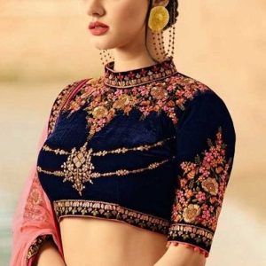 Latest Stunning Beautiful Velvet Thread Work Collar Neck Party Blouse Dark Blue Color