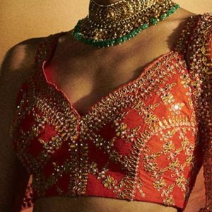 Traditional Blouse Front Neck Designs Orange Color