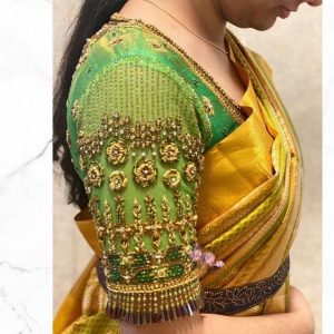 Trendy Gold Stone and Embroidery Bridal Blouses Green Color
