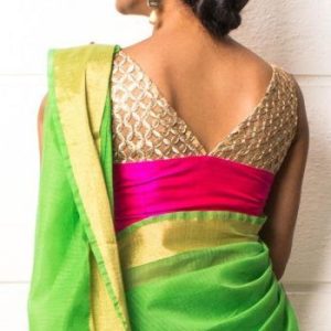 Simple V Neck and Patch Work Party Blouse Off White & Pink Color