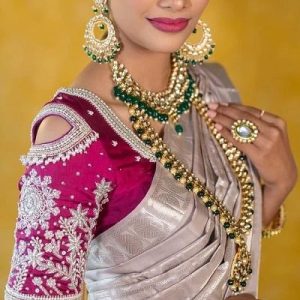 Stylish Modern Embroidery and Pearls & Stone Work Bridal Blouse Magenta Color