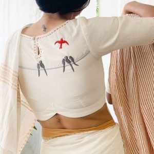 Boat Neck Simple Thread Work Party Blouse White Color