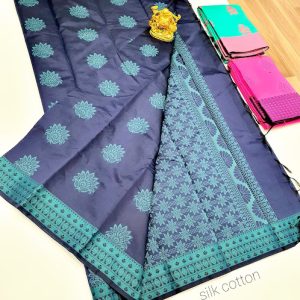 Latest Flower Design Butta Mphoss Saree Blue Color w/ Blouse