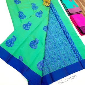 Trendy Design Butta Mphoss Saree Light Green w/ Blue Color w/ Blouse