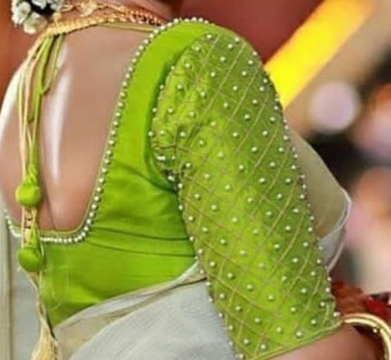 Simple Thread and Pearls Work Designer Blouse Parrot Green Color