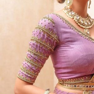 Simple Embroidery and Mirror Work Party Blouse Violet Color