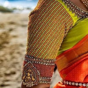 Simple Thread and Stone & Laxmi Work Designer Blouse Lime Green Color