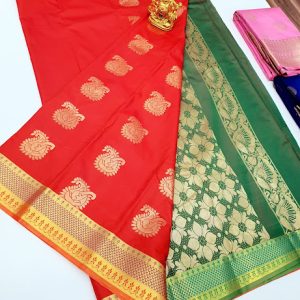 High Fancy Kanjivaram Silk Sarees Mix Red w/ Green Color